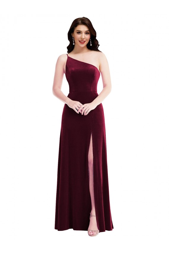 Cheap One Shoulder Spaghetti Strap Velvet Maxi Bridesmaid Dress / Prom Dress with Pockets UK