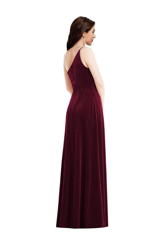 Cheap One Shoulder Spaghetti Strap Velvet Maxi Bridesmaid Dress / Prom Dress with Pockets UK