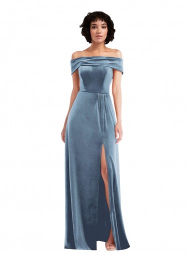 Cheap Draped Cuff Off the Shoulder Velvet Maxi Bridesmaid Dress / Prom Dress with Pockets UK