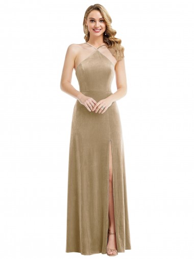 Cheap High Neck Halter Open Back Long Velvet Maxi Bridesmaid Dress / Prom Dress & Pockets UK
