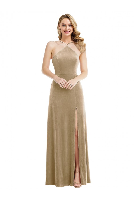 Cheap High Neck Halter Open Back Long Velvet Maxi Bridesmaid Dress / Prom Dress & Pockets UK
