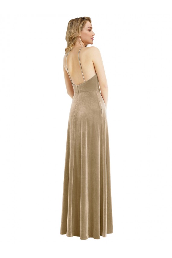 Cheap High Neck Halter Open Back Long Velvet Maxi Bridesmaid Dress / Prom Dress & Pockets UK