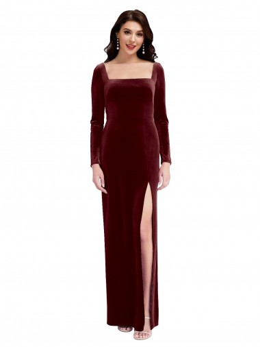 Cheap Sleek Square Neck Spaghetti Straps Velvet Bridesmaid Dress / Prom Dress with Side Slit UK