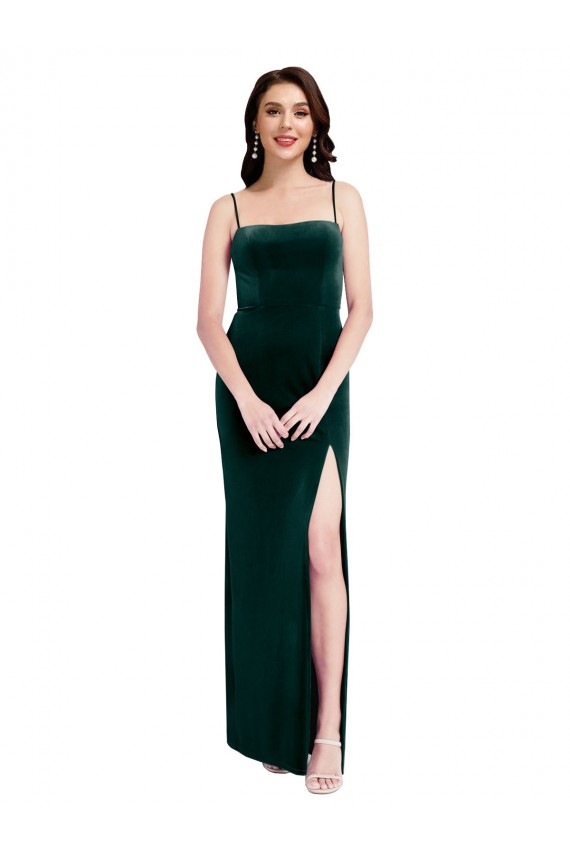 Cheap Straight Neckline Spaghetti Straps Long Velvet Bridesmaid Dress / Prom Dress with High Side Slit UK