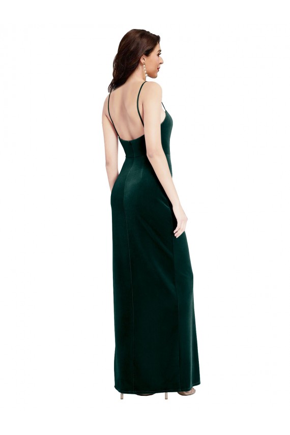 Cheap Straight Neckline Spaghetti Straps Long Velvet Bridesmaid Dress / Prom Dress with High Side Slit UK