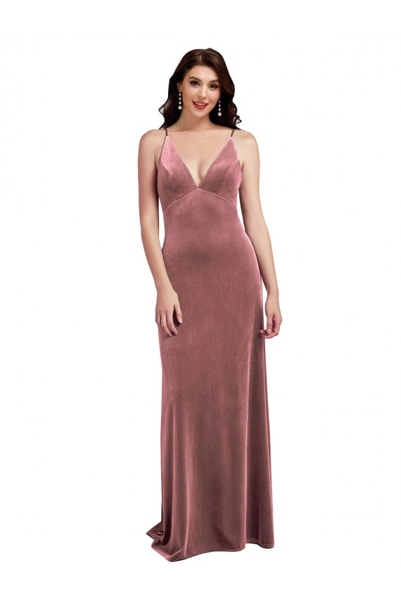 Cheap Low Scoop Back Long V-Neck Formal Velvet Slip Bridesmaid Dress / Prom Dress UK
