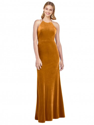 Cheap Halter Neckline Long Full Length Formal Velvet Bridesmaid Dress / Prom Dress with Strappy Back UK