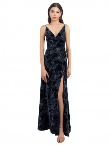 Cheap Floral Velvet Surplice V-Neck Long Bridesmaid Dress with V-Back UK