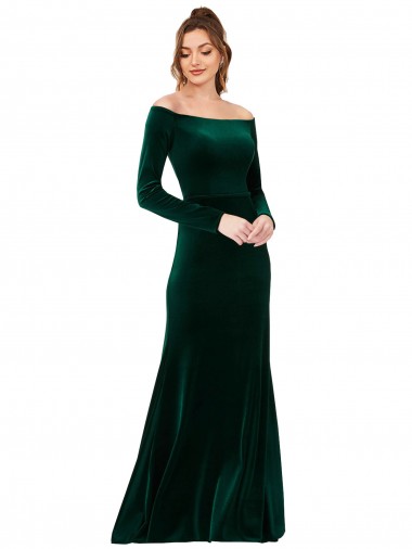 Cheap Off the Shoulder Long Sleeves Formal Stretch Velvet Bridesmaid Dress / Prom Dress UK