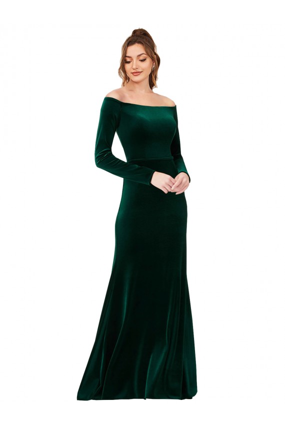 Cheap Off the Shoulder Long Sleeves Formal Stretch Velvet Bridesmaid Dress / Prom Dress UK