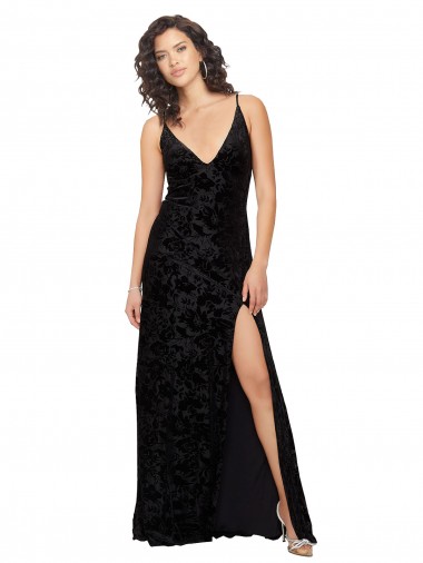 Cheap V-Neck Cowl Back Floral Velvet Bridesmaid Dress with Front Slit and Deep V-Neck UK