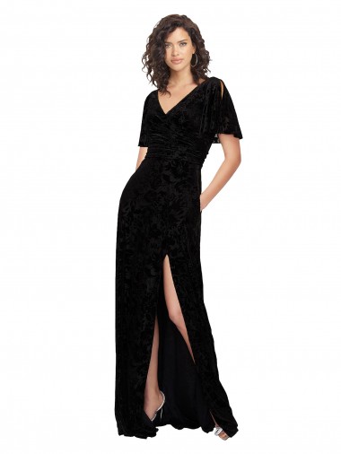 Cheap Split Sleeves V-Neck Floral Velvet Bridesmaid Dress with Front Slit UK