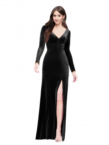 Cheap Long Sleeves Formal Velvet Bridesmaid Dress / Prom Dress with V-Neckline and Thigh Slit UK
