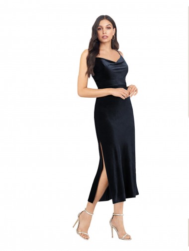 Cheap Midi Cocktail Length Formal Velvet Bridesmaid Dress / Prom Dress with Cowl Neck and Spaghetti Straps UK