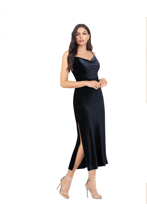 Cheap Midi Cocktail Length Formal Velvet Bridesmaid Dress / Prom Dress with Cowl Neck and Spaghetti Straps UK
