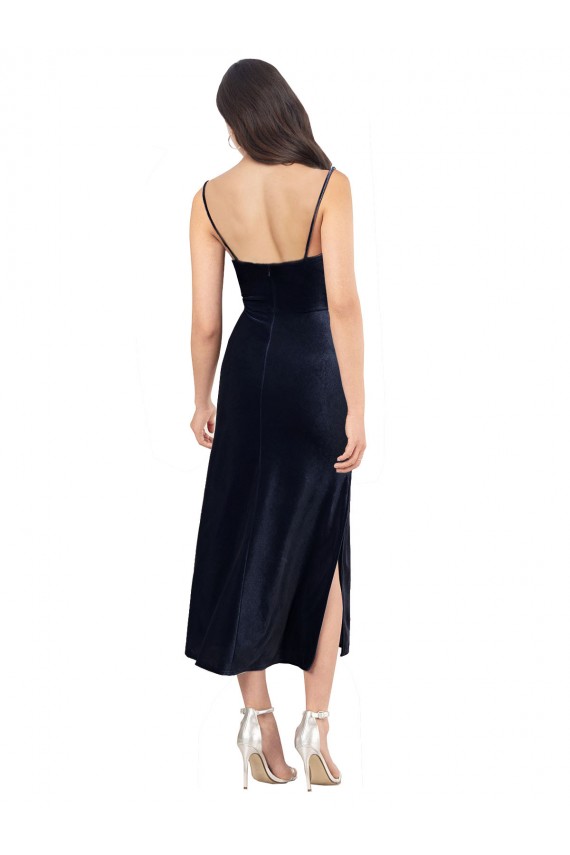 Cheap Midi Cocktail Length Formal Velvet Bridesmaid Dress / Prom Dress with Cowl Neck and Spaghetti Straps UK