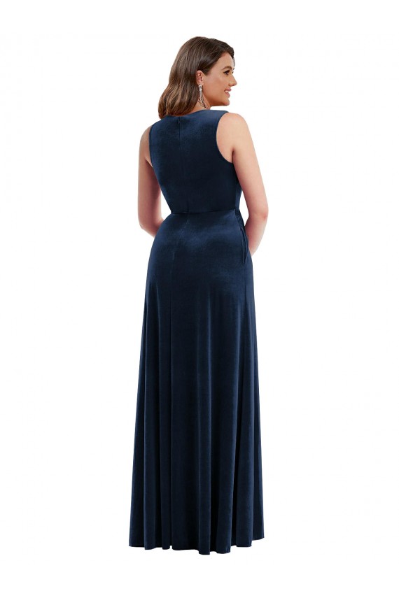 Cheap Deep V-Neck Sleeveless Formal Velvet Maxi Bridesmaid Dress / Prom Dress with Pockets UK