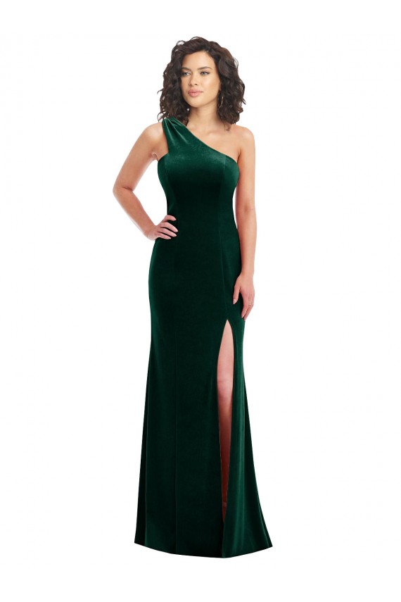 Cheap One Shoulder Velvet Trumpet Bridesmaid Dress / Prom Dress with Front Slit UK