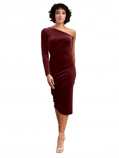 Cheap One Shoulder Fitted Short Midi Length Velvet Bridesmaid Dress / Prom Dress UK