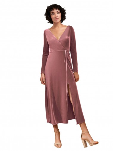 Cheap Long Sleeve Velvet Faux Wrap Midi Length Bridesmaid Dress / Prom Dress UK