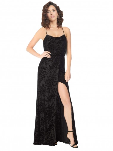 Cheap Floral Velvet Cowl Neck Bridesmaid Dress with Skirt Slit UK