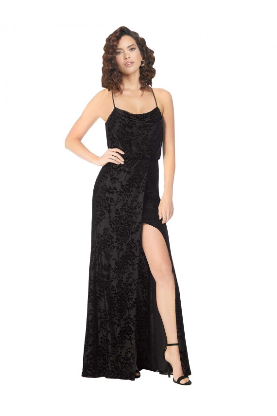 Cheap Floral Velvet Cowl Neck Bridesmaid Dress with Skirt Slit UK