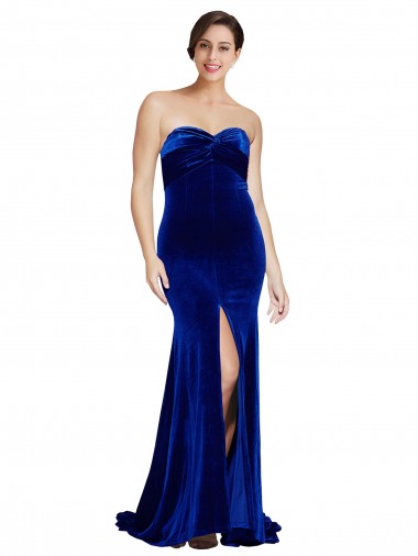 Cheap Strapless Ruched Formal Velvet Bridesmaid Dress / Prom Dress with Sweep Train and Front Slit UK