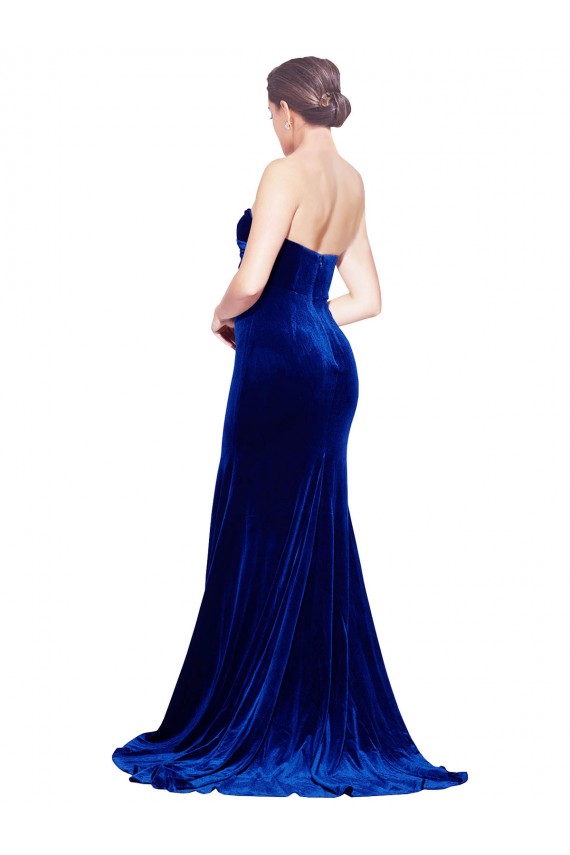 Cheap Strapless Ruched Formal Velvet Bridesmaid Dress / Prom Dress with Sweep Train and Front Slit UK