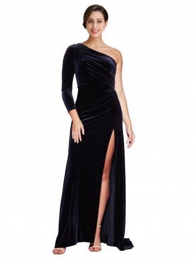 Cheap One Sleeve Long Formal Velvet Bridesmaid Dress / Prom Dress with Thigh High Split UK
