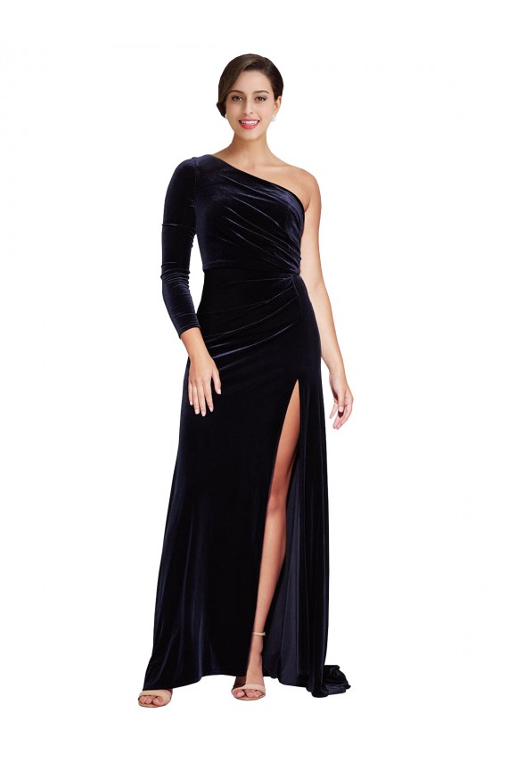 Cheap One Sleeve Long Formal Velvet Bridesmaid Dress / Prom Dress with Thigh High Split UK