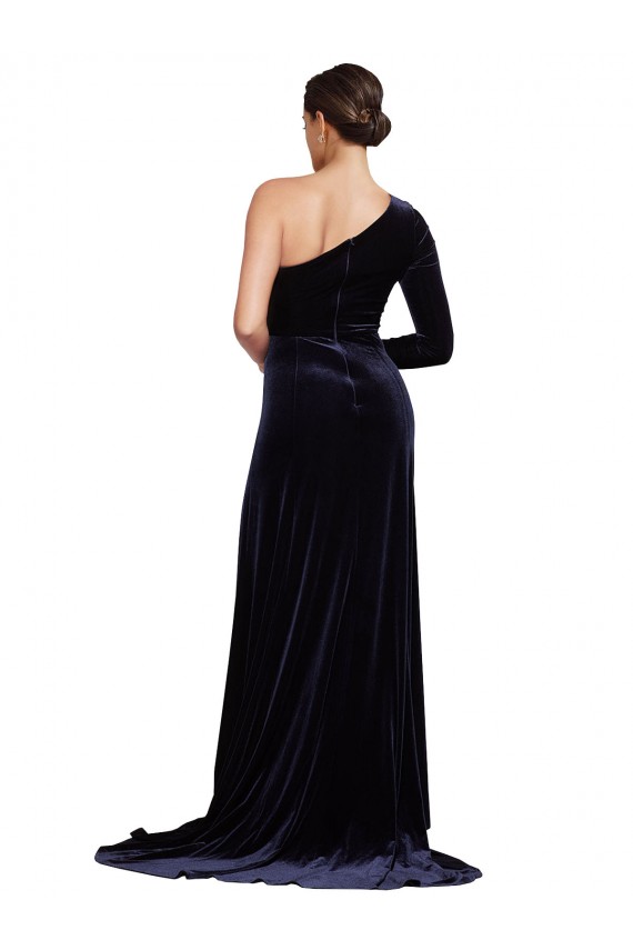 Cheap One Sleeve Long Formal Velvet Bridesmaid Dress / Prom Dress with Thigh High Split UK