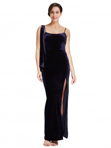 Cheap Long Formal Velvet Bridesmaid Dress / Prom Dress with Side Thigh Split and Shoulder Tie UK
