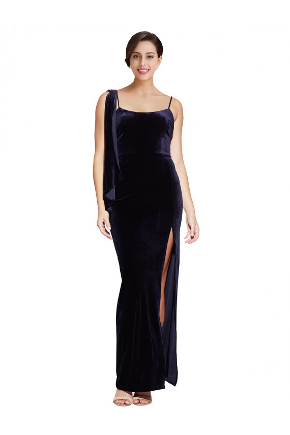 Cheap Long Formal Velvet Bridesmaid Dress / Prom Dress with Side Thigh Split and Shoulder Tie UK