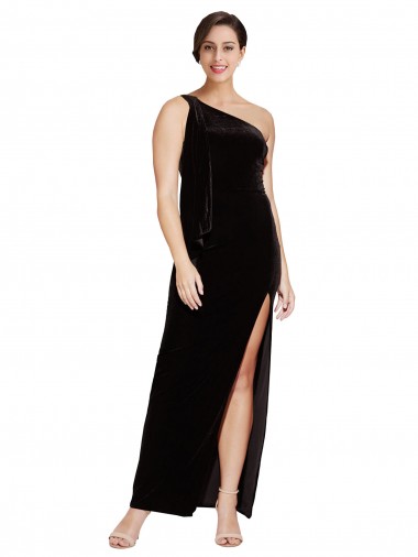 Cheap One Shoulder Long Formal Velvet Bridesmaid Dress / Prom Dress with Side Split and Shoulder Tie UK