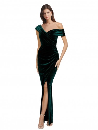 Cheap Long Asymmetric Neckline Ruched Formal Velvet Bridesmaid Dress / Prom Dress UK