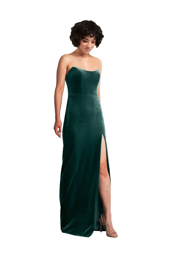 Cheap Scooped Strapless Long Formal Velvet Bridesmaid Dress / Prom Dress with Daring Side Slit UK